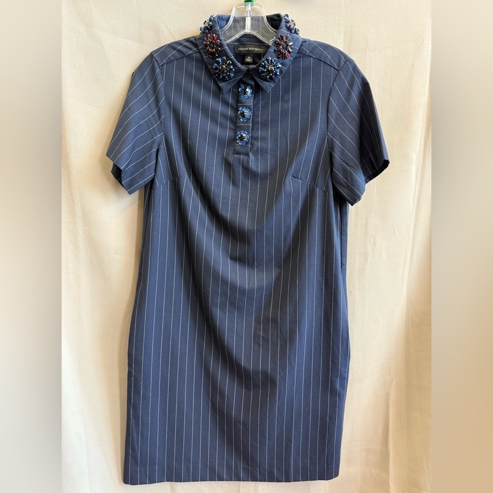 Banana Republic Shift Dress Navy Pinstripe Sequin Collar Size XS